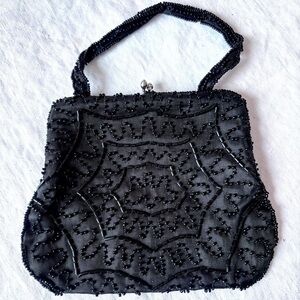 Du Val Vintage Black Beaded Kiss Lock Satin Lined Made in Japan Evening Bag